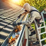 DALL·E 2024-09-04 05.40.33 - A detailed image of a professional cleaning gutters on the roof of a house. The person is wearing safety gear, using a ladder, and clearing out leaves