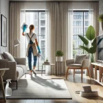 DALL·E 2024-09-04 05.51.45 - A detailed image representing a residential cleaning service, showing a professional cleaner in a bright, modern living room. The cleaner is wiping do